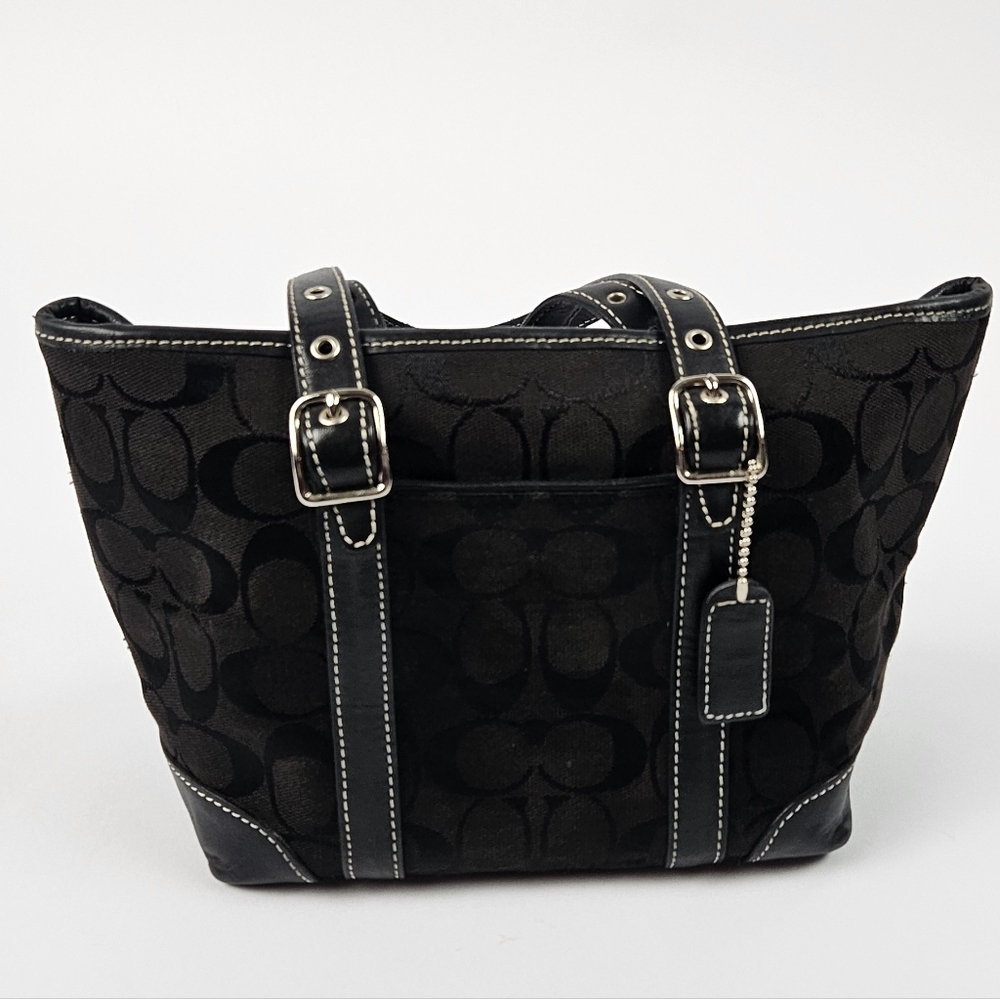 Coach Black Signature C Leather Detail Silver Hardware Mini Tote Bag 6043 - Picture 8 of 9